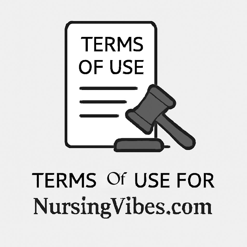 Terms of Use for NursingVibes.com icon with legal document and gavel symbolizing site guidelines and user agreement